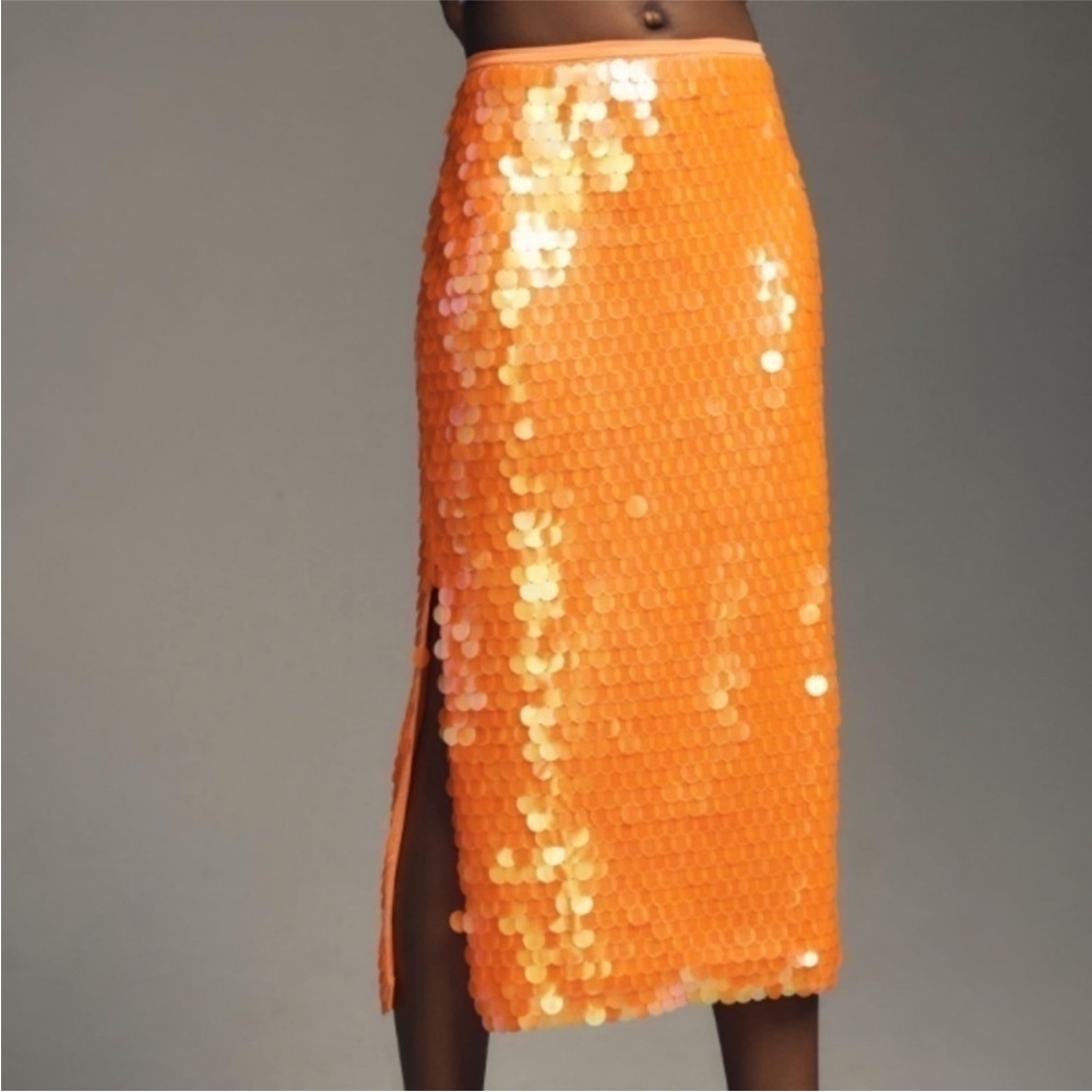Anthropologie Orange Sequin Midi Skirt